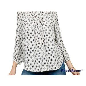 Ann Taylor Loft White & Black Tribal Print Blouse Size M